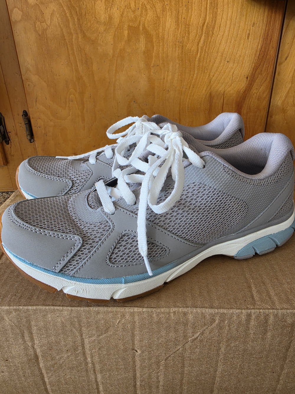 Vionic Tokyo Gray Athletic Walking Sneakers White Laces and Light Blue Accents